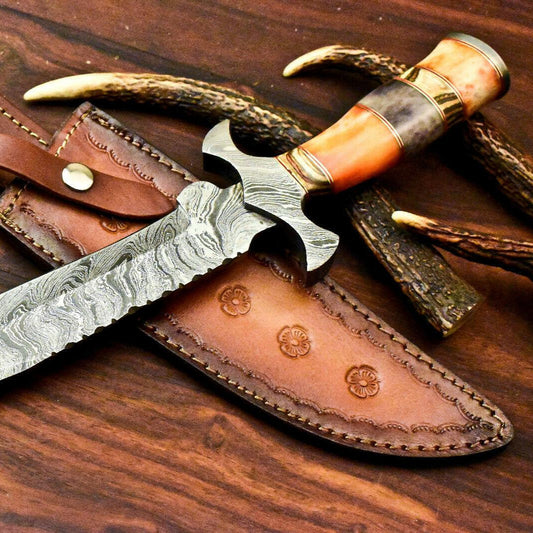 15" Damascus Steel Bowie Knife – Farms Camel Bone Handle | Rare Handmade Hunting Blade