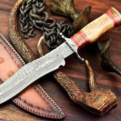 15" Damascus Steel Bowie Knife – Olive Wood Handle | Rare Handmade Hunting Blade