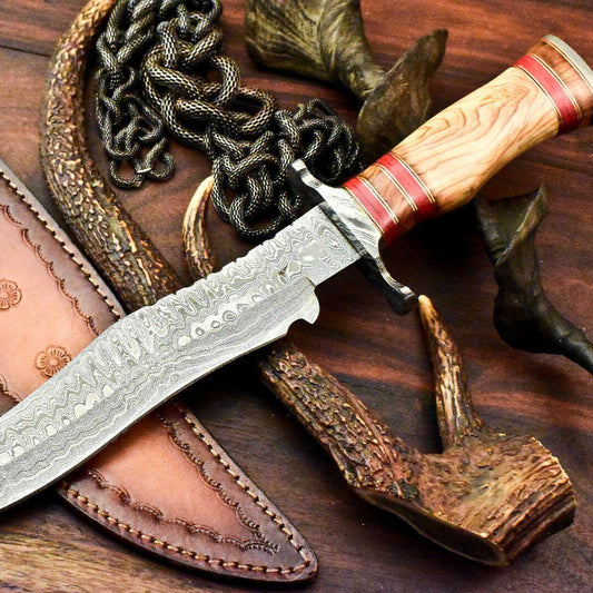 15" Damascus Steel Bowie Knife – Olive Wood Handle | Rare Handmade Hunting Blade