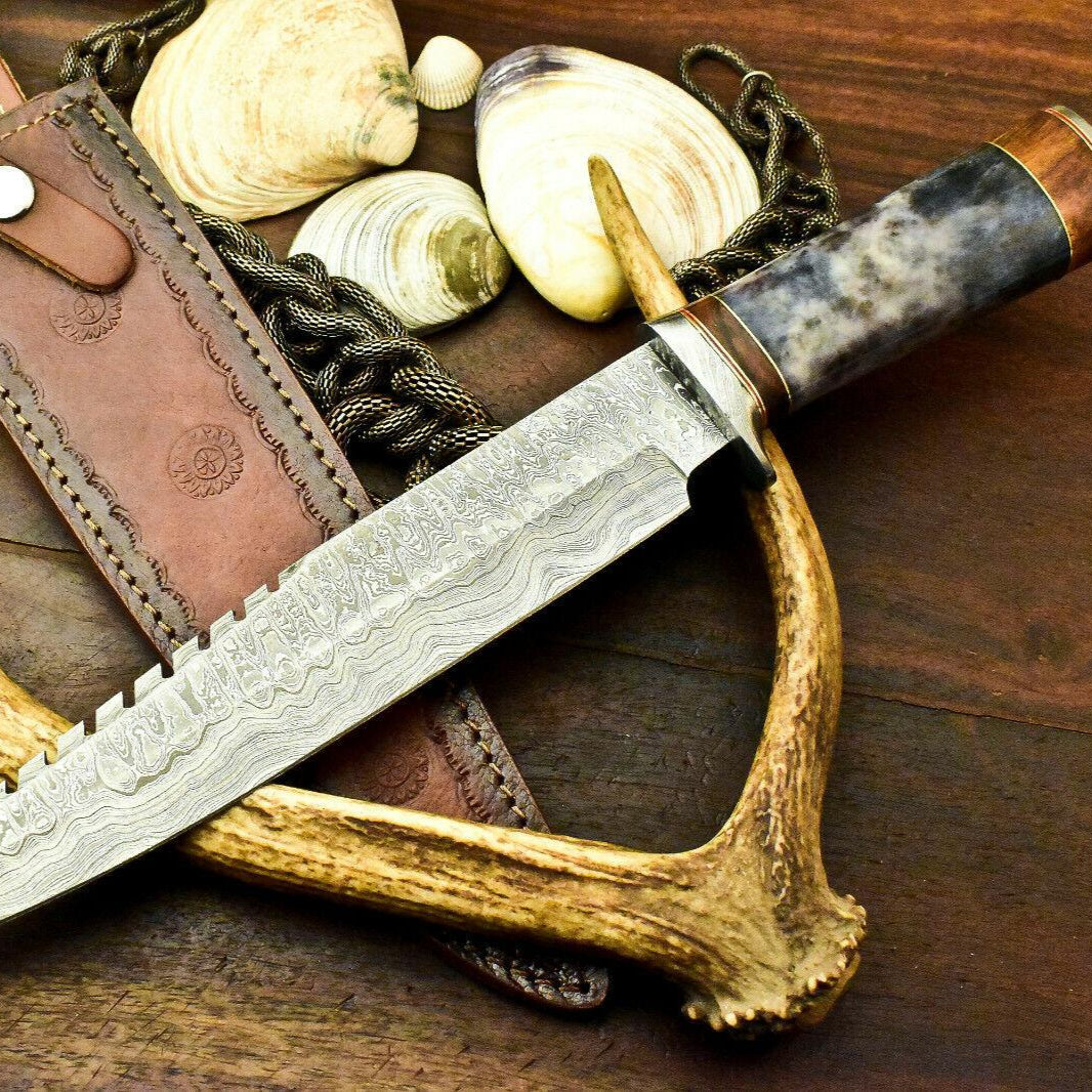 15" Damascus Steel Bowie Knife – Polished Camel Bone Handle