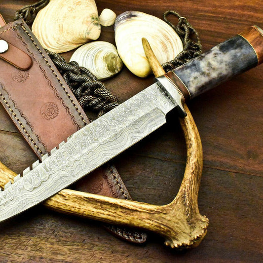15" Damascus Steel Bowie Knife – Polished Camel Bone Handle
