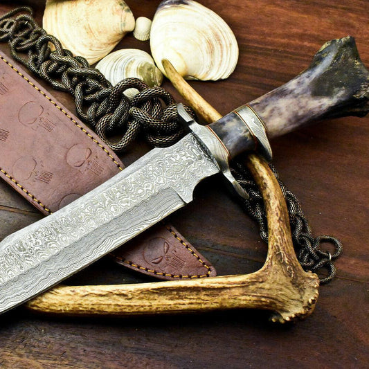 15" Damascus Steel Bowie Knife – Rare Handmade Blade with Camel Bone Handle
