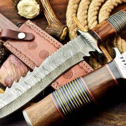15" Damascus Steel Bowie Knife – Walnut Wood Handle & Leather Sheath