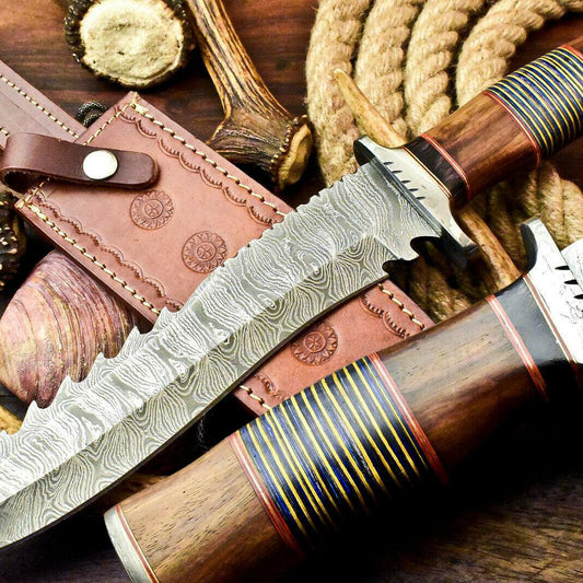 15" Damascus Steel Bowie Knife – Walnut Wood Handle & Leather Sheath