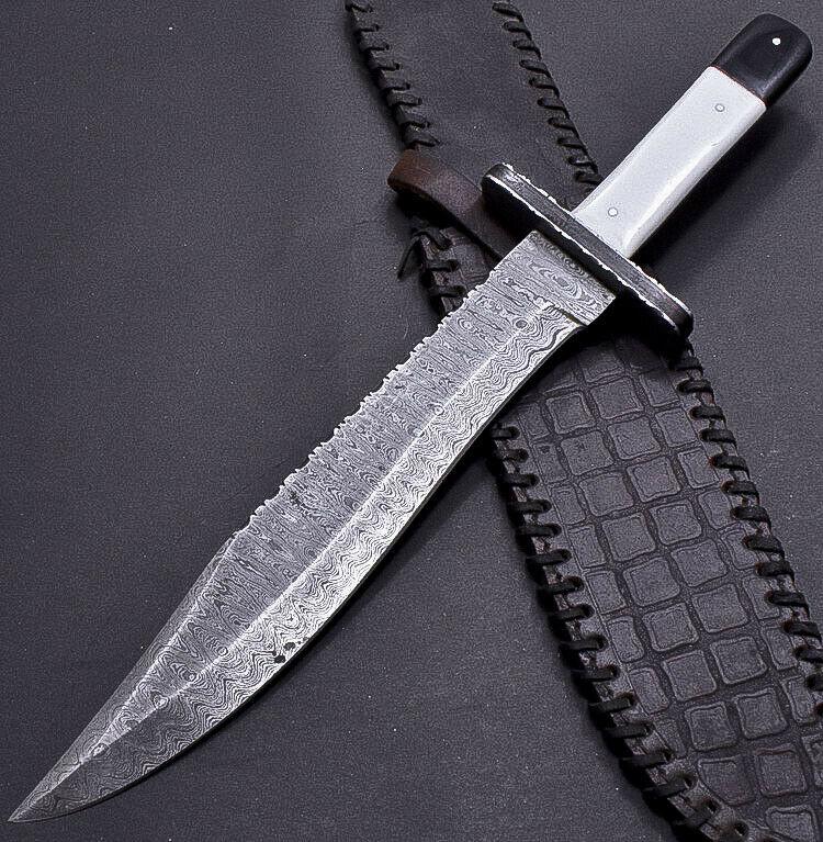 15" Damascus Steel Bowie Knife with Camel Bone & Buffalo Horn Handle – Full Tang Hunting Blade