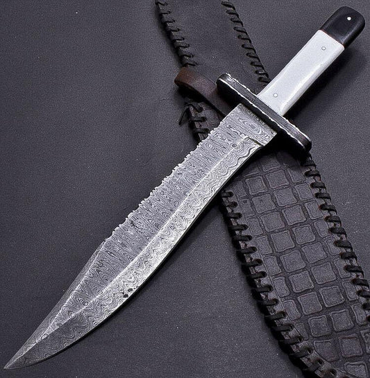 15" Damascus Steel Bowie Knife with Camel Bone & Buffalo Horn Handle – Full Tang Hunting Blade