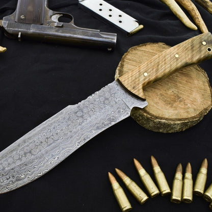 15" Damascus Steel Bowie Knife with Rosewood Handle Hunting Blade
