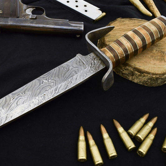 15" Damascus Steel Bowie Knife with Wood Handle & Damascus Guard