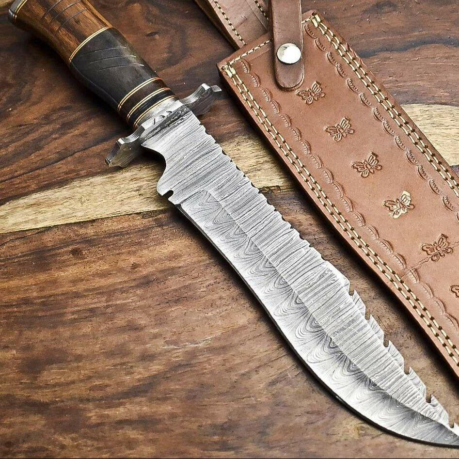 15" Damascus Steel Hunting Bowie Knife – Camel Bone Handle with Leather Sheath