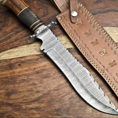 15" Damascus Steel Hunting Bowie Knife – Camel Bone Handle with Leather Sheath
