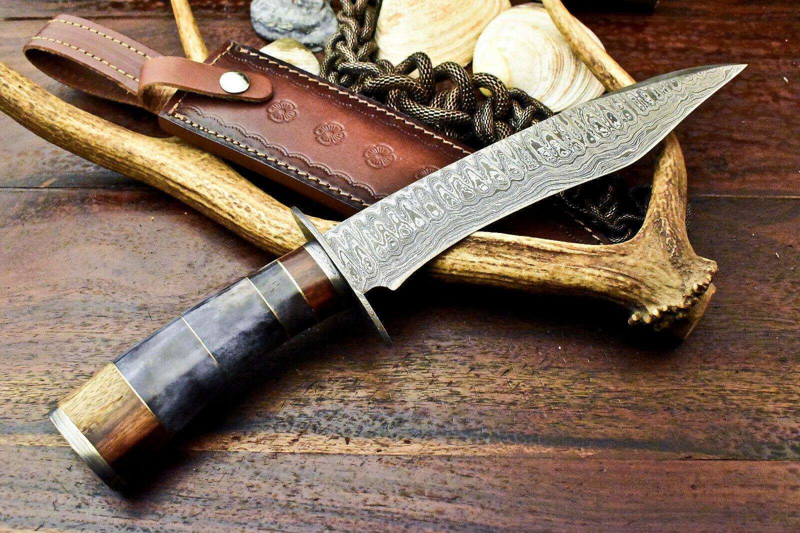 15" Damascus Steel Knife Damascus Bowie Knife With Camel Bone Handle & Leather Sheath 
