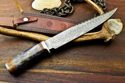 15" Damascus Steel Knife Damascus Bowie Knife With Camel Bone Handle & Sheath