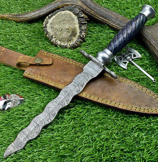 15" Damascus Steel Kris Bowie Knife | Wood Handle & Sheath