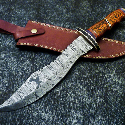 15" Hand-Forged Damascus Bowie Hunting Knife – Hardwood Handle with Brass Bolster