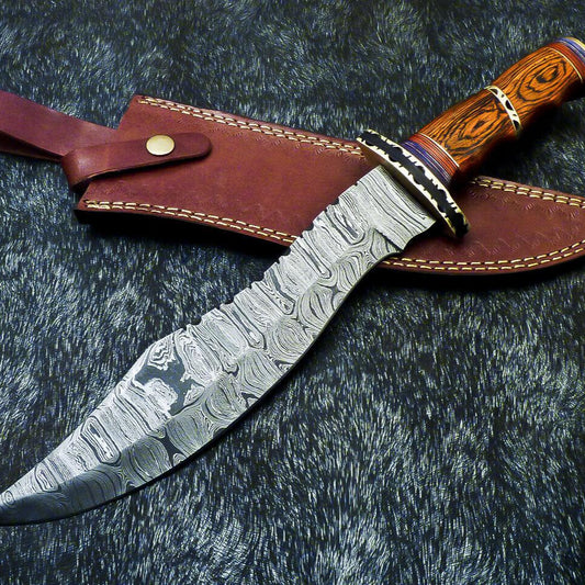15" Hand-Forged Damascus Bowie Hunting Knife – Hardwood Handle with Brass Bolster