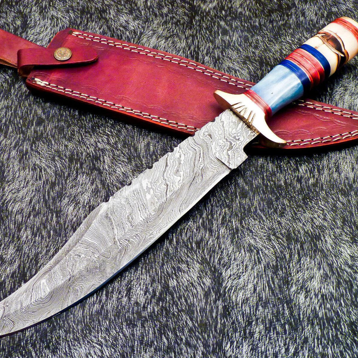 15" Hand-Forged Damascus Bowie Knife | Engraved Bone & Wood Handle with Leather Sheath