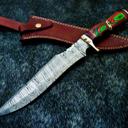  15" Hand-Forged Damascus Steel Bowie Hunting Knife – Multicolor Wood Handle & Leather Sheath