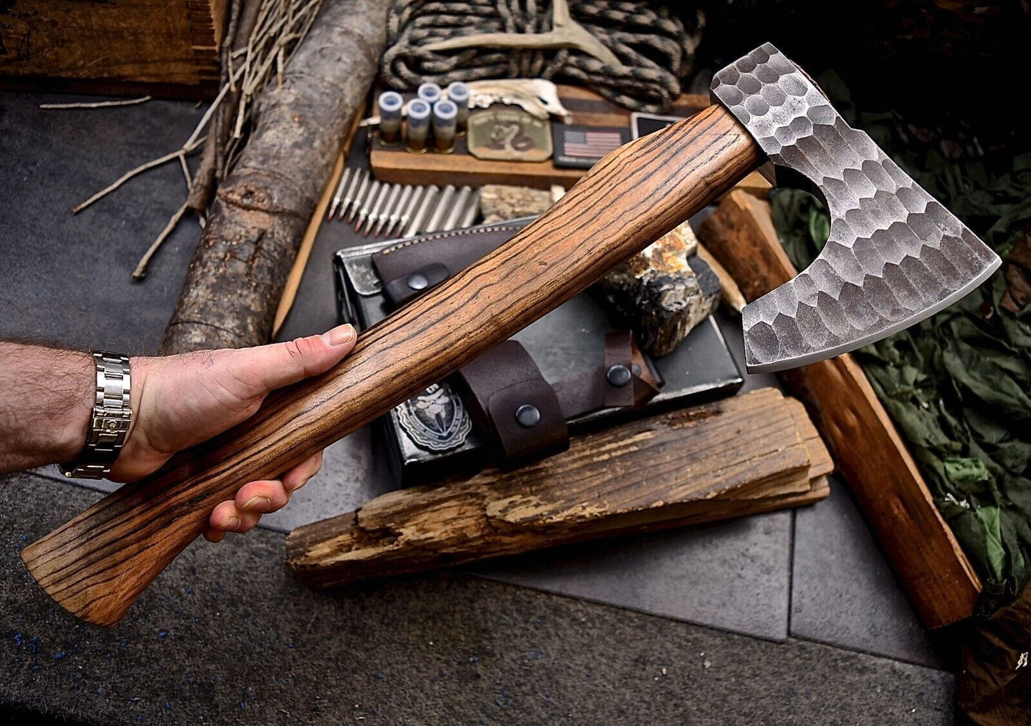 15" Hand Forged Bearded Viking Axe Camping Hatchet with Wood Handle and Leather Sheath