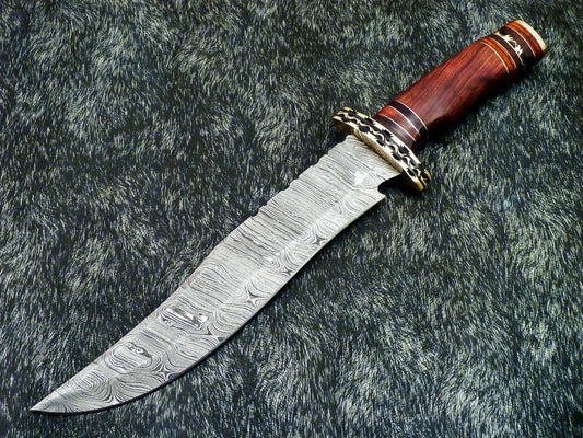 15" Hand Forged Bowie Damascus Steel Knife With Natural Wood Handle & Leather Sheath