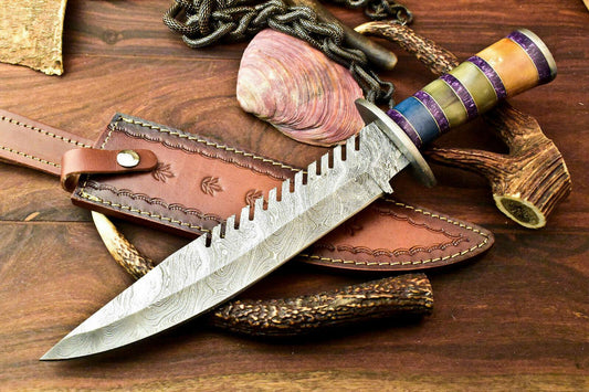 15" Hand Forged Bowie Damascus Steel Knife With Stained Camel Bone Handle & Sheath