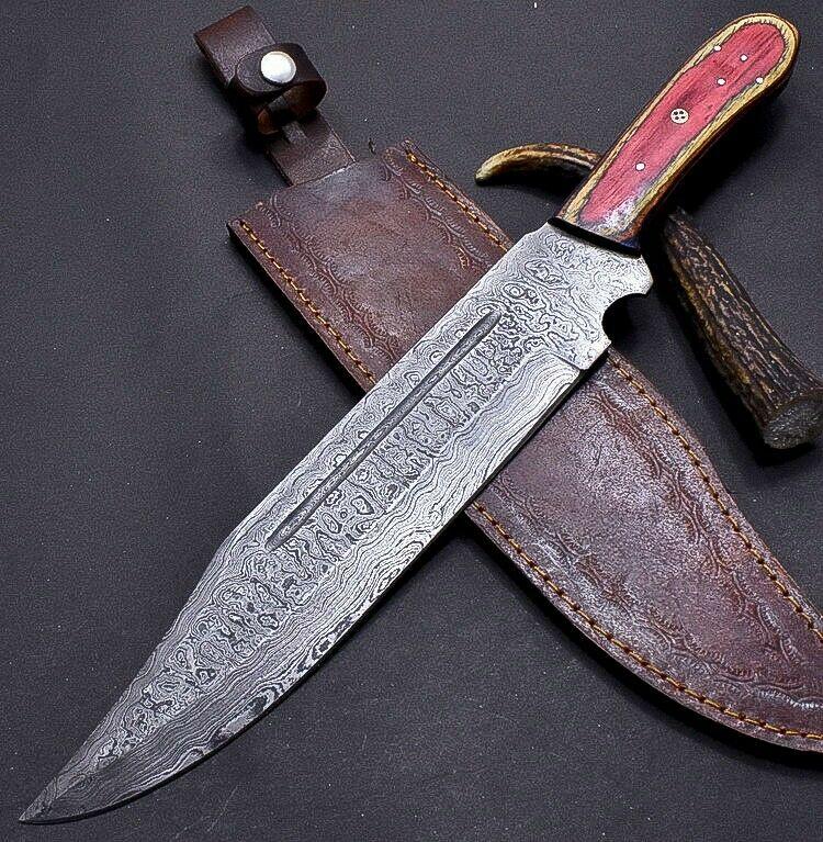 15" Hand Forged Bowie Damascus Steel Knife with Multi Color Wood Handle & Leather Sheath