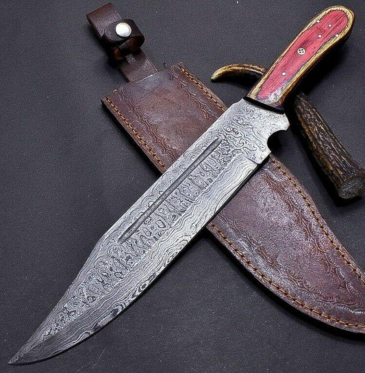 15" Hand Forged Bowie Damascus Steel Knife with Multi Color Wood Handle & Leather Sheath