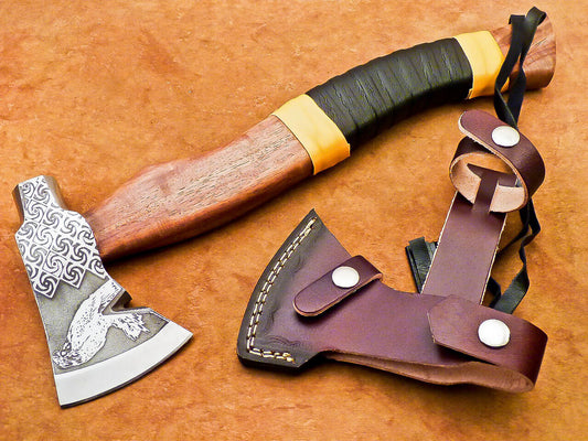 15” Hand Forged Carbon Steel Axe Viking Axe with Natural Wood Handle & Leather Sheath