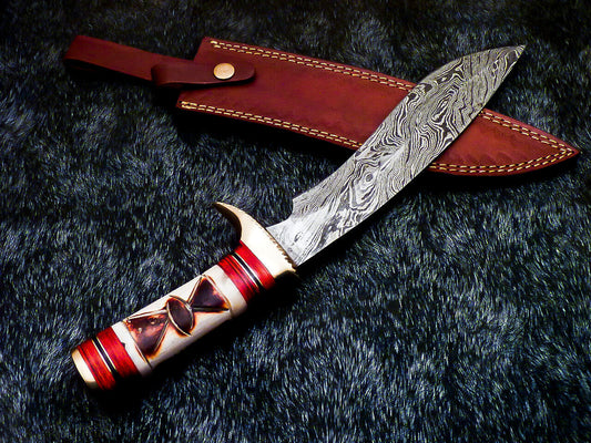 15" Hand Forged Damascus Bowie Hunting Knife – Engraved Camel Bone & Hard Wood Handle