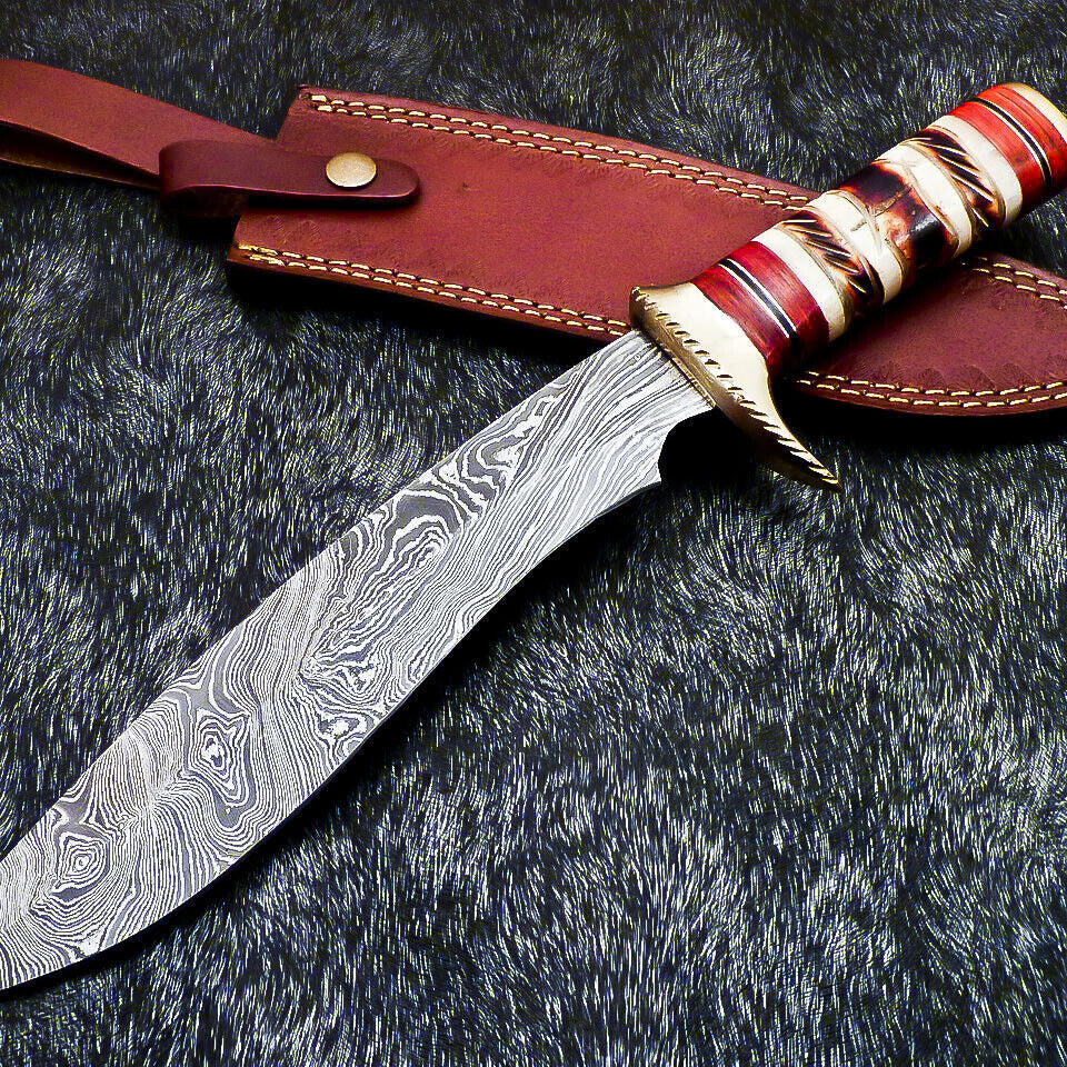 15" Hand Forged Damascus Bowie Hunting Knife – Engraving Camel Bone Handle
