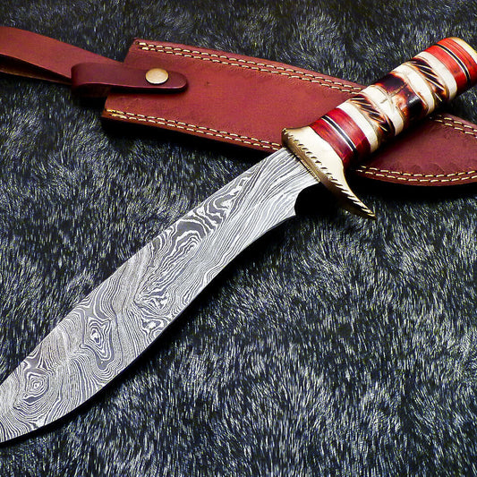 15" Hand Forged Damascus Bowie Hunting Knife – Engraving Camel Bone Handle