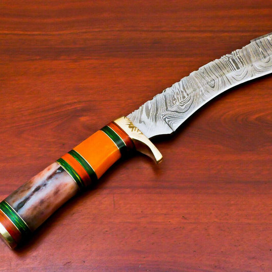 15" Hand Forged Damascus Bowie Hunting Knife – Stained Camel Bone & Hard Wood Handle