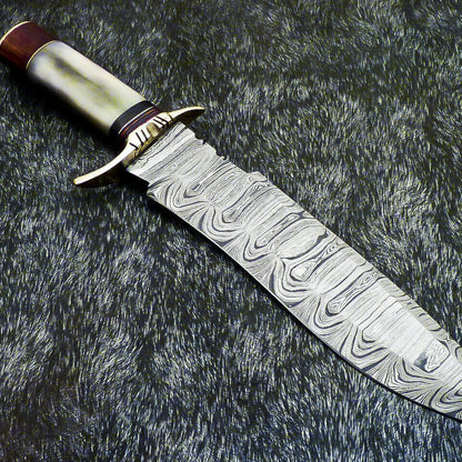 15" Hand Forged Damascus Bowie Hunting Knife – Stained Camel Bone & Wood Handle