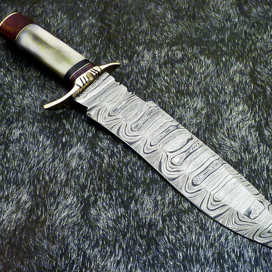 15" Hand Forged Damascus Bowie Hunting Knife – Stained Camel Bone & Wood Handle