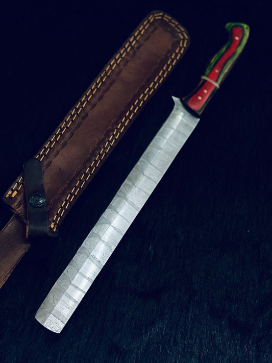 15" Hand Forged Damascus Bowie Knife Damascus Steel Knife With Bone & Wood Handle & Sheath