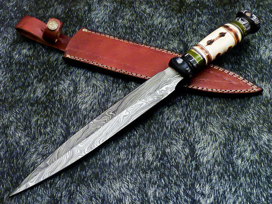 15" Hand Forged Damascus Bowie Knife Damascus Steel Knife With Camel Bone Handle 