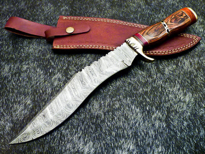 15" Hand Forged Damascus Bowie Knife Damascus Steel Knife With Hardwood Handle & Sheath