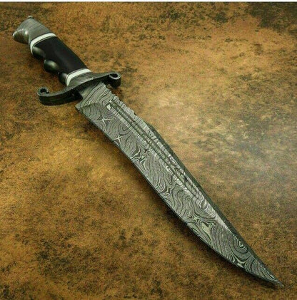 15" Hand Forged Damascus Bowie Knife Damascus Steel Knife With Horn Handle & Sheath