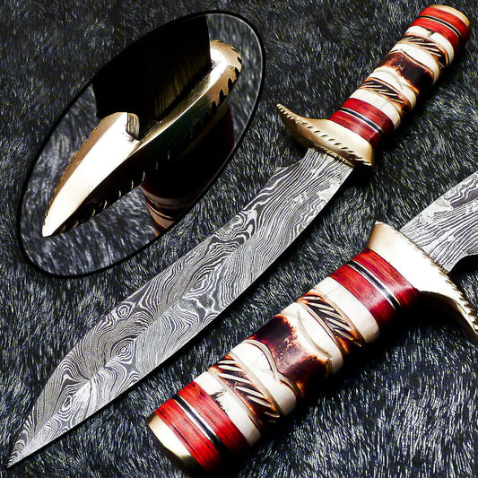 15" Hand Forged Damascus Bowie Knife Damascus Steel Knife With Leather Sheath