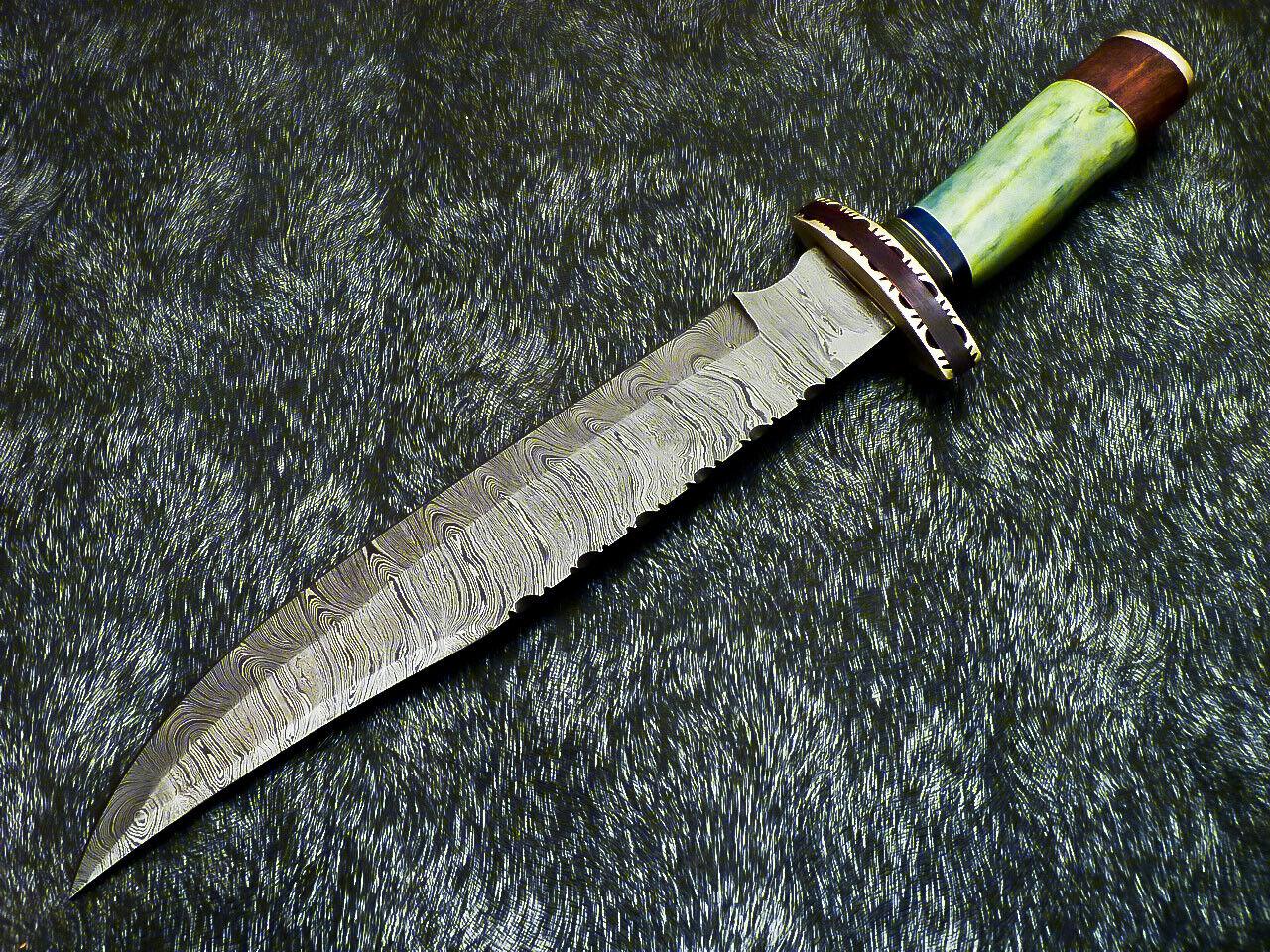 15" Hand Forged Damascus Bowie Knife Damascus Steel Knife With Stained Camel Bone Handle