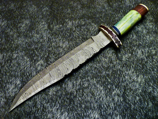 15" Hand Forged Damascus Bowie Knife Damascus Steel Knife With Stained Camel Bone Handle