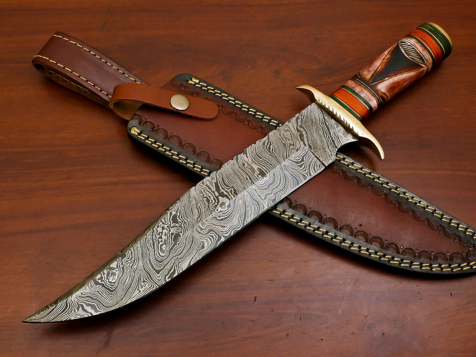 15" Hand Forged Damascus Bowie Knife Damascus Steel Knife with Bone & Pakka Wood Handle 