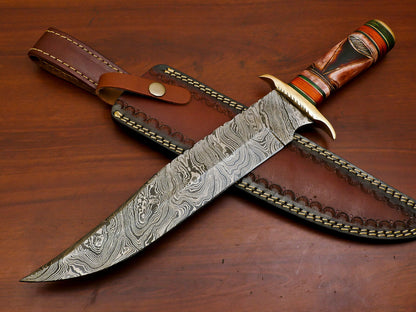 15" Hand Forged Damascus Bowie Knife Damascus Steel Knife with Bone & Pakka Wood Handle 