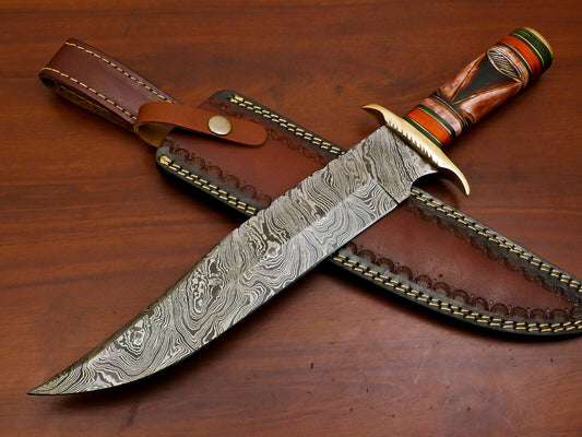 15" Hand Forged Damascus Bowie Knife Damascus Steel Knife with Bone & Pakka Wood Handle 