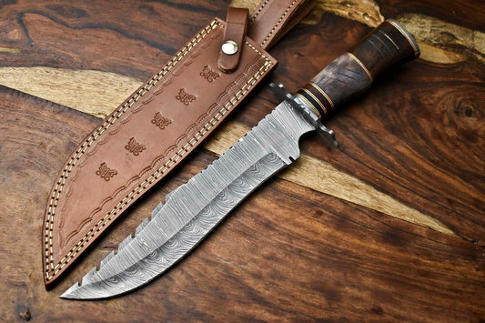15" Hand Forged Damascus Bowie Knife Damascus Steel Knife with Camel Bone Handle & Sheath 