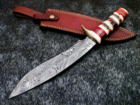 15" Hand Forged Damascus Bowie Knife With Engraved Camel Bone Handle & Sheath