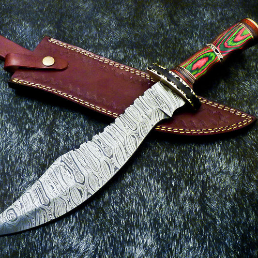 15" Hand Forged Damascus Hunting Bowie Knife | Hard Wood Handle