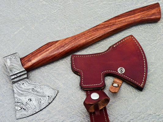 15" Hand Forged Damascus Steel Hunting Axe With Natural Wood Handle & Leather Sheath