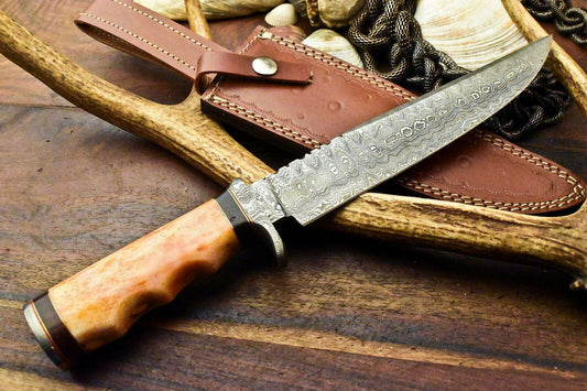 15" Hand Forged Damascus Steel Knife Damascus Bowie Knife With Tinted Camel Bone Handle 