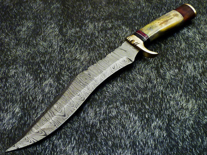 15" Hand Forged damascus bowie Knife damascus steel knife With Stained Bone & Wood Handle