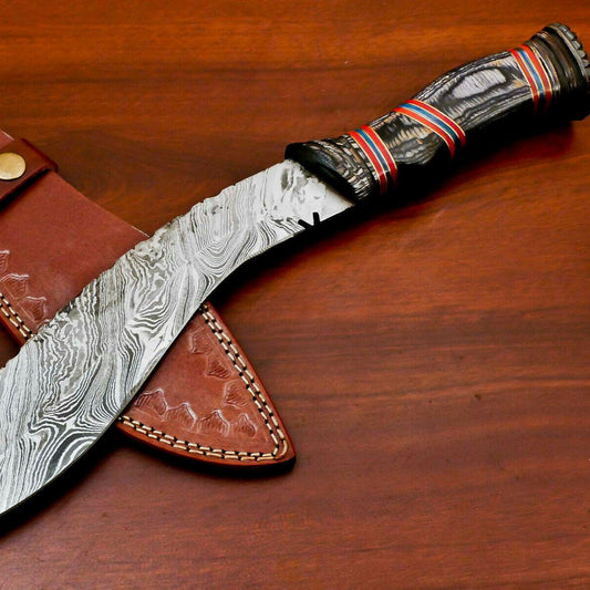15" Hand Made Damascus Kukri Bowie Knife | Hand-Carved Hardwood Handle
